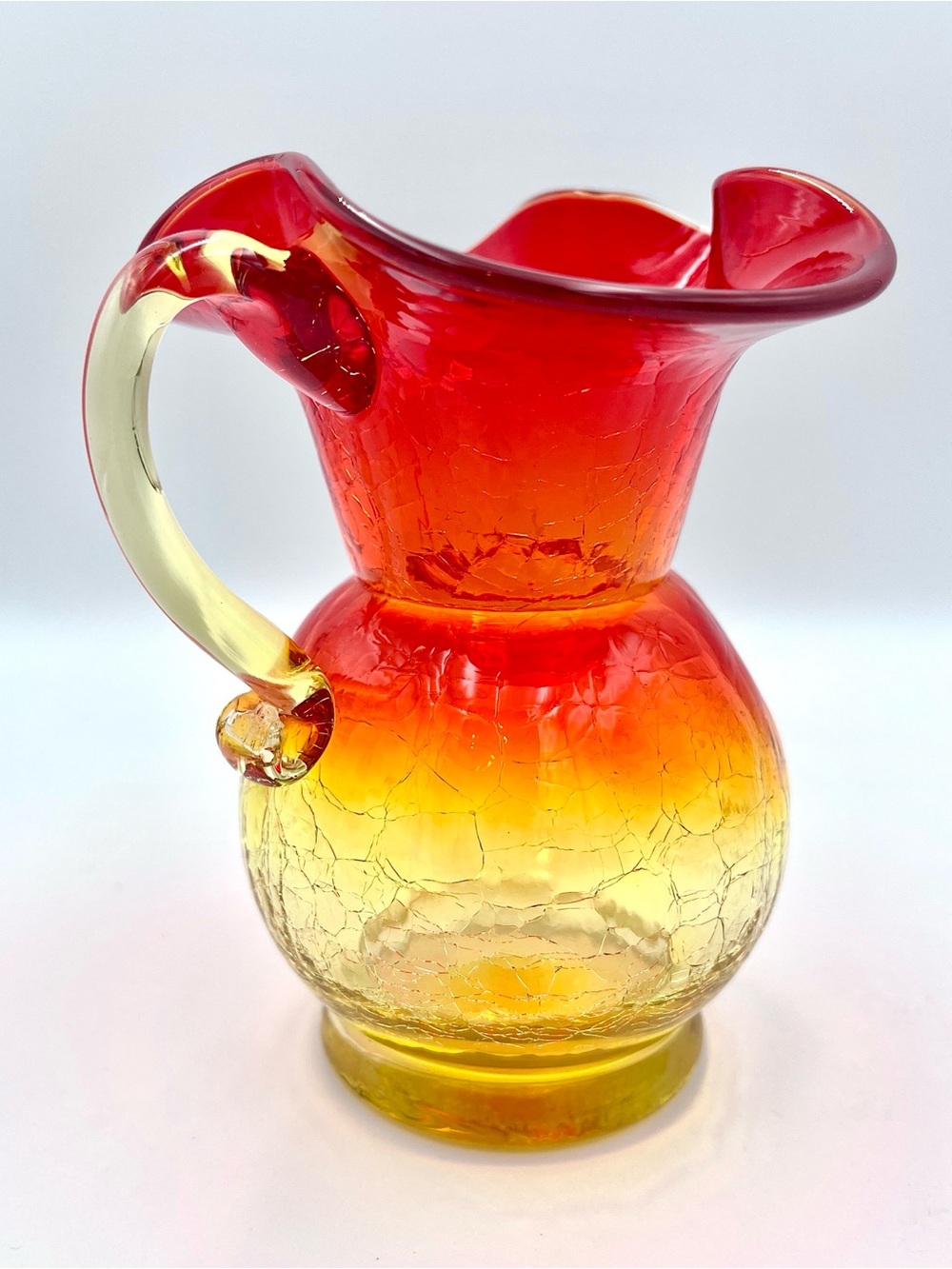 Vintage MCM Amberina Crackle Glass Mini Pitcher Ruffled Rim - Red and Yellow - Picture 3 of 5